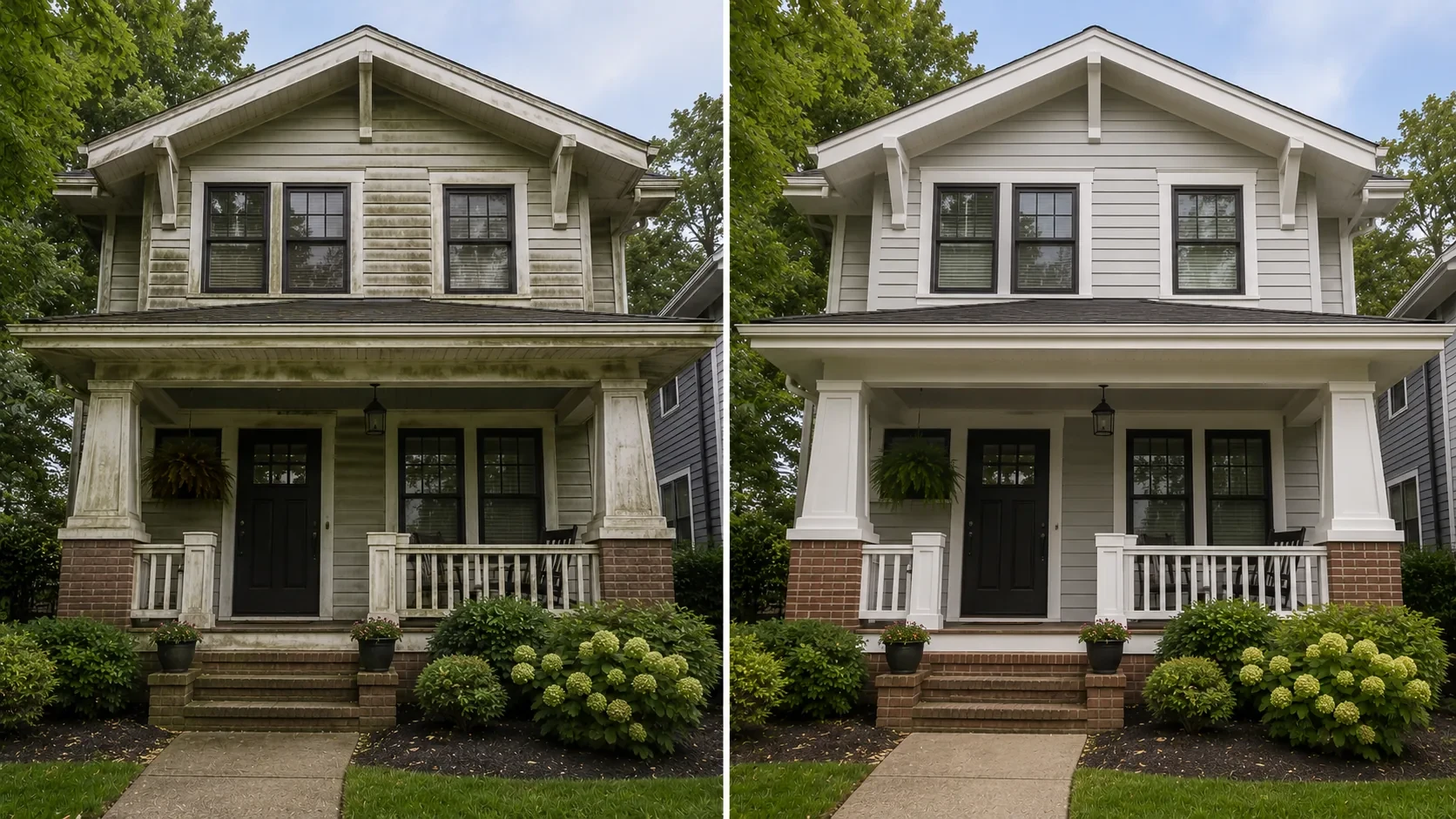 Side-by-side house exterior comparison showing green buildup on the left and clean siding and porch columns on the right.